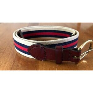 Leather Man Ltd Canvas Belt YOUTH Boys Size 26 Striped Blue Red Cream Leather US